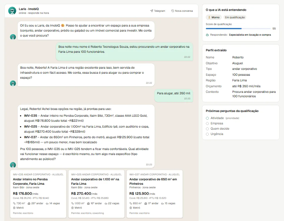 Chat do ImobiQ: a Laris sugere três andares corporativos na Faria Lima e, ao lado, o painel mostra o perfil que a IA extraiu da conversa